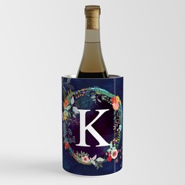 Personalized Monogram Initial Letter K Floral Wreath Artwork Wine Chiller