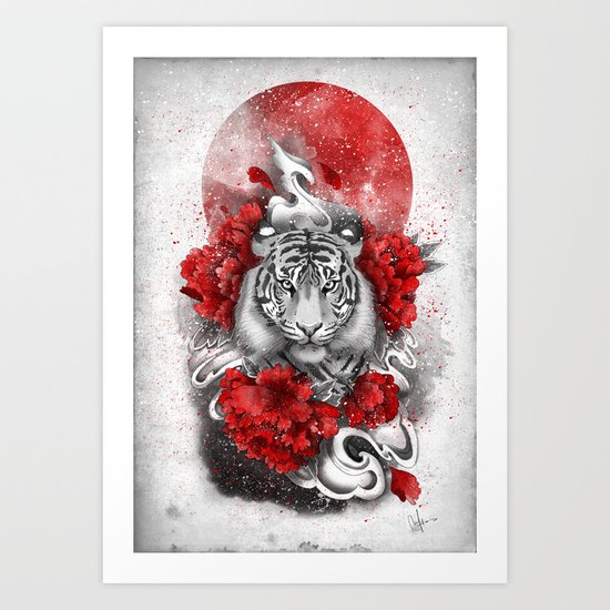 White tiger, red sun Art Print