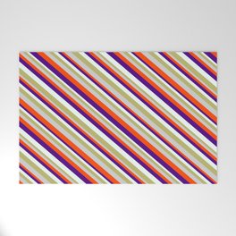 [ Thumbnail: Eye-catching Dark Khaki, Light Gray, Red, Indigo, and Mint Cream Colored Striped Pattern Welcome Mat ]