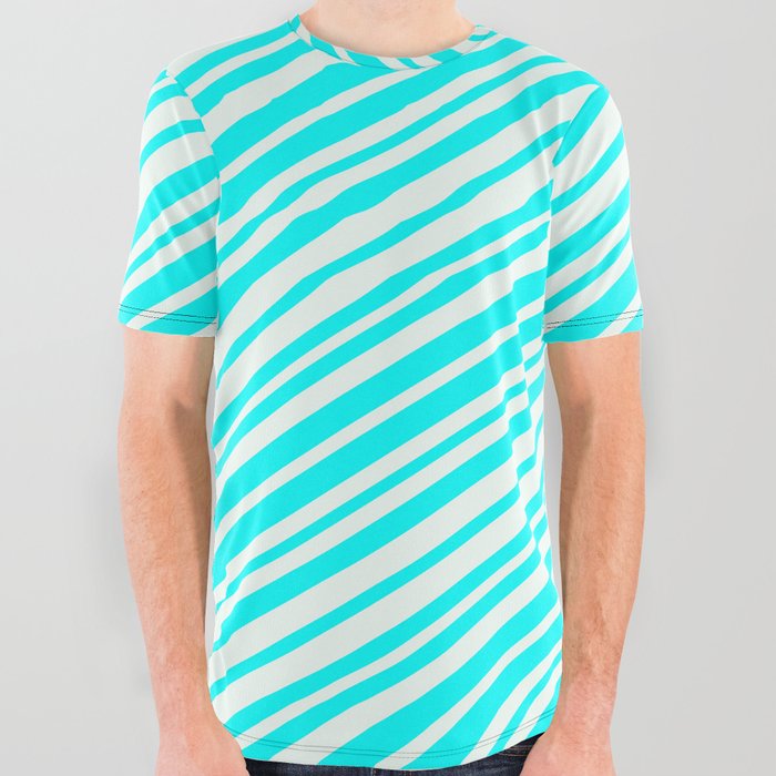 Mint Cream & Aqua Colored Stripes Pattern All Over Graphic Tee