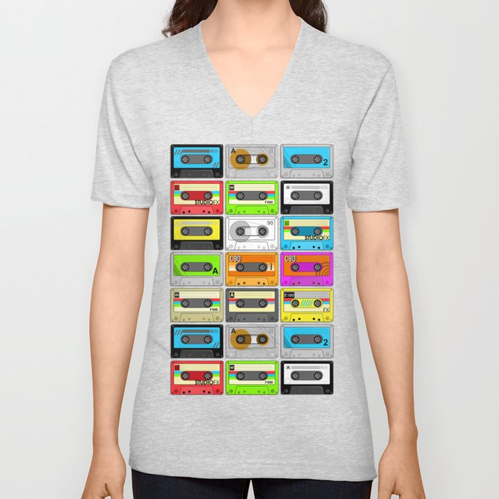 Retro 80s Cassette Tape Pattern V Neck T Shirt