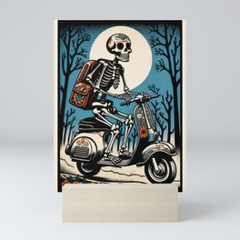 Mexican Sugar Skull Skeleton Ridding a Scooter Mini Art Print