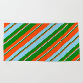 [ Thumbnail: Red, Sky Blue, and Green Colored Stripes/Lines Pattern Beach Towel ]