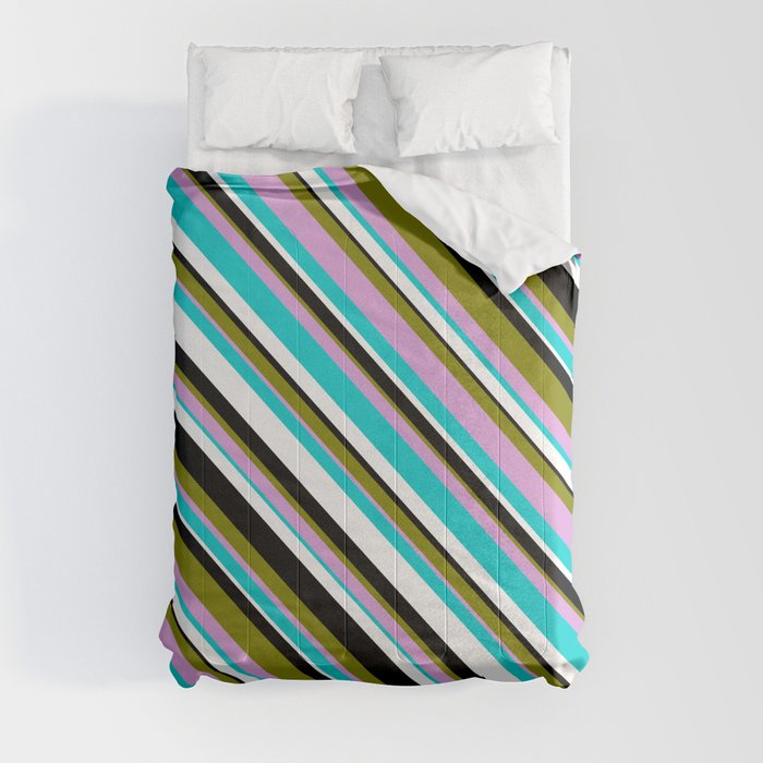 Eye-catching Green, Plum, Dark Turquoise, White & Black Colored Striped/Lined Pattern Comforter