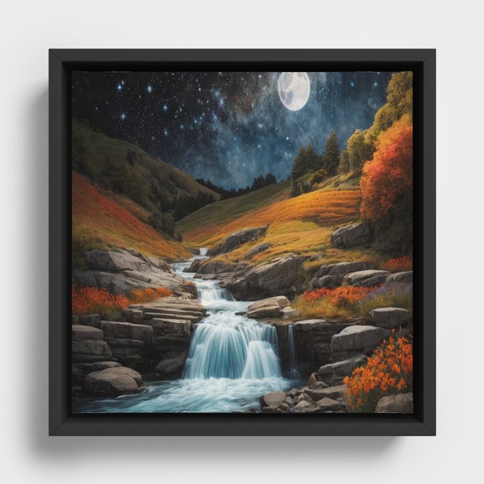 Landscape: river rushing water rocks flowers forest,moon,night Framed Canvas