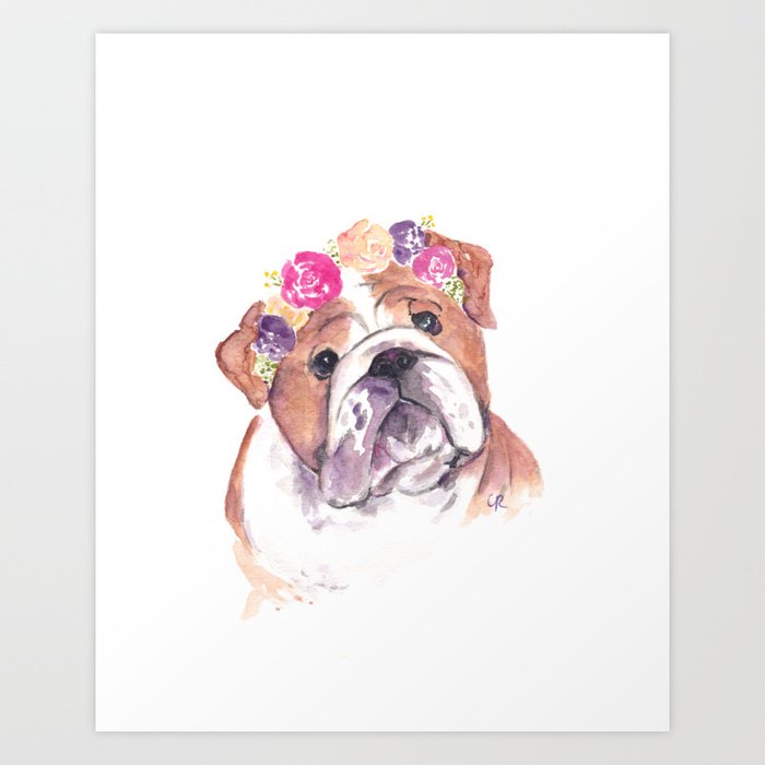 bulldog with flower crown Art Print