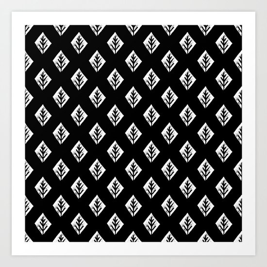 Linocut scandinavian minimal black and white trees camping pattern minimalist art Art Print