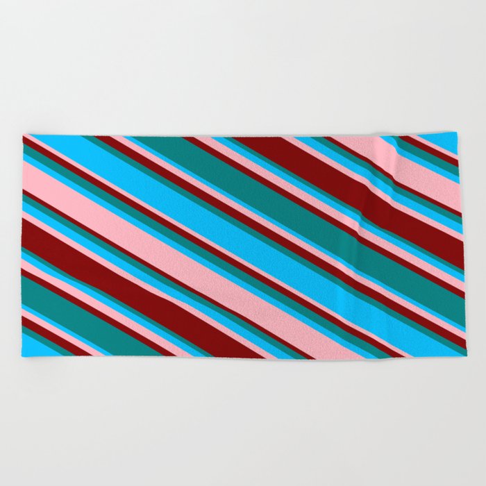 Teal, Deep Sky Blue, Light Pink, and Maroon Colored Striped Pattern Beach Towel