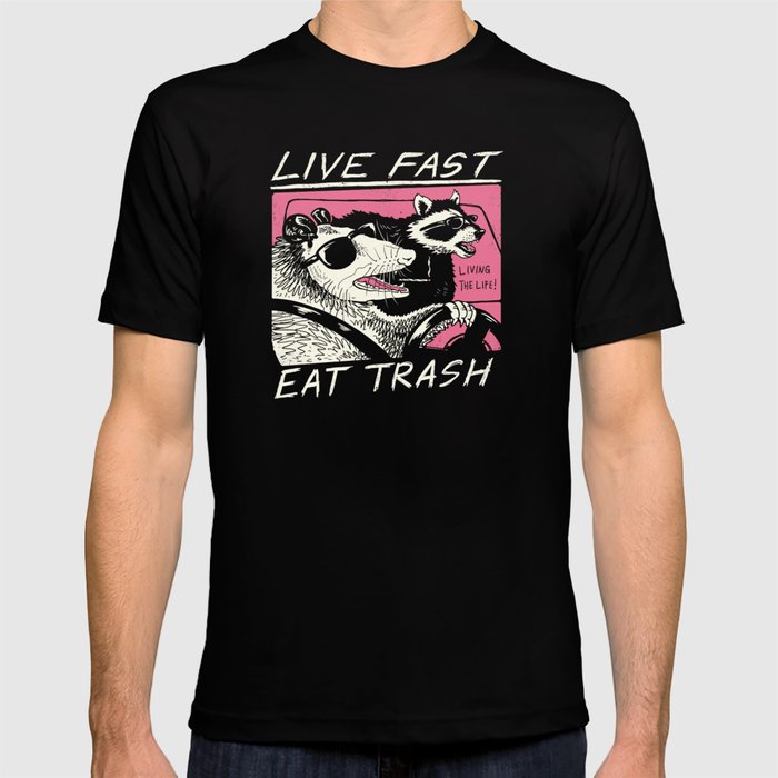 Fox Live Fast Eat Trash Tacos Vintage Funny Men's T-Shirt Retro Cotton Black Tee