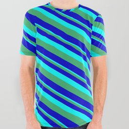[ Thumbnail: Aqua, Sea Green & Blue Colored Striped/Lined Pattern All Over Graphic Tee ]