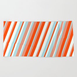[ Thumbnail: Dark Salmon, Red, Mint Cream, and Powder Blue Colored Lined Pattern Beach Towel ]