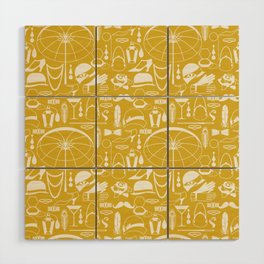 White Old-Fashioned 1920s Vintage Pattern on Mustard Yellow Wood Wall Art