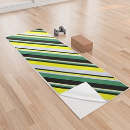 [ Thumbnail: Sea Green, Black, Yellow, and Lavender Colored Stripes Pattern Yoga Towel ]