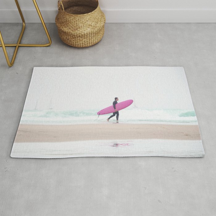 Surfing Beach Vibes - Pink Surf Board - Ocean Print - Sea Travel photography by Ingrid Beddoes Rug