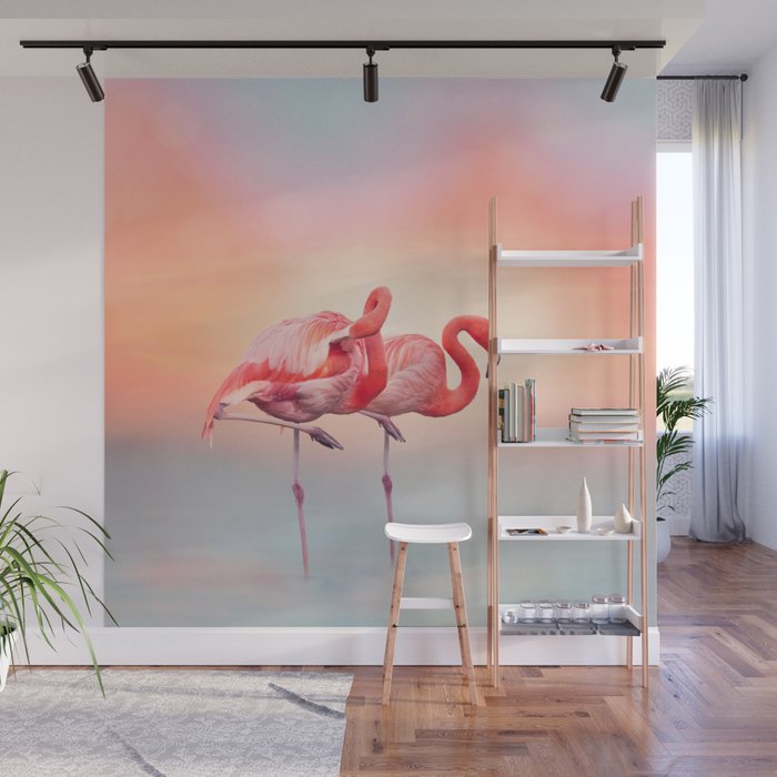 Two Pink flamingos in the water at sunset Wall Mural