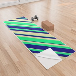 [ Thumbnail: Pale Goldenrod, Green, and Blue Colored Stripes/Lines Pattern Yoga Towel ]