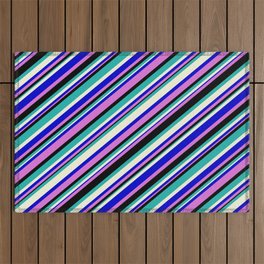 [ Thumbnail: Blue, Orchid, Black, Light Sea Green & Beige Colored Pattern of Stripes Outdoor Rug ]