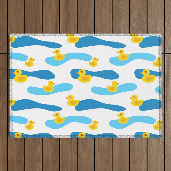 Yellow Rubber Duck with Blue Waves Seamless Pattern Outdoor Rug