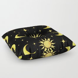 Sun,half moon,stars,cosmic art,celestial,black background  Floor Pillow