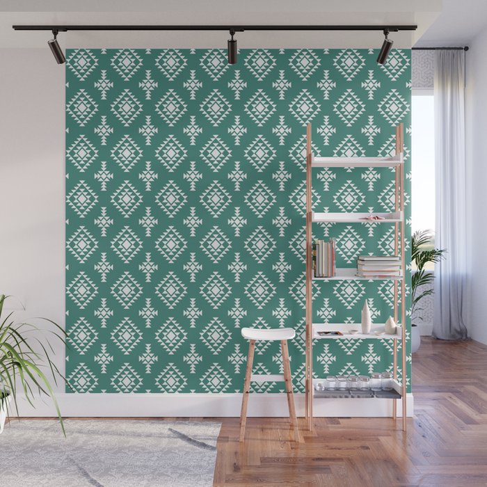 Green Blue and White Native American Tribal Pattern Wall Mural