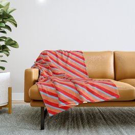 [ Thumbnail: Coral, Red & Light Sky Blue Colored Stripes/Lines Pattern Throw Blanket ]
