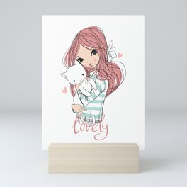 Cat Girl Cuteness Drawing, girl holding a kitten, girl holding cat illustration, face, fashion Girl  Mini Art Print