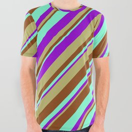 [ Thumbnail: Aquamarine, Dark Violet, Dark Khaki, and Brown Colored Stripes/Lines Pattern All Over Graphic Tee ]