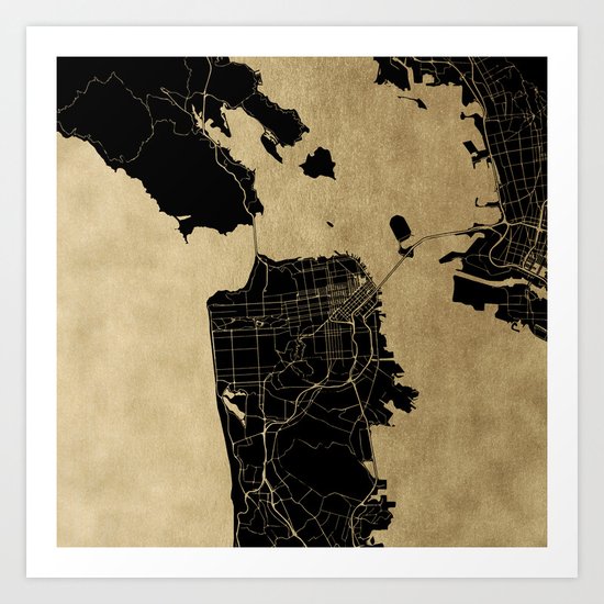 San Francisco California Black and Gold Map Art Print