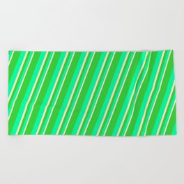 [ Thumbnail: Lime Green, Green & Bisque Colored Stripes Pattern Beach Towel ]