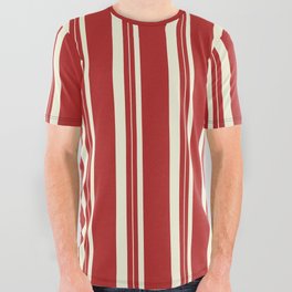 [ Thumbnail: Red and Beige Colored Lined Pattern All Over Graphic Tee ]