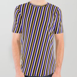 [ Thumbnail: Bisque, Black, Goldenrod, and Blue Colored Pattern of Stripes All Over Graphic Tee ]