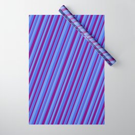 [ Thumbnail: Cornflower Blue, Royal Blue & Purple Colored Pattern of Stripes Wrapping Paper ]