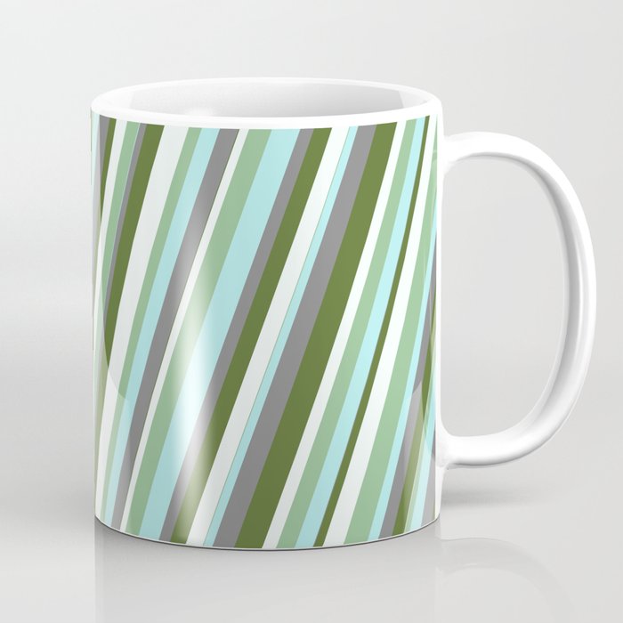 Vibrant Dark Olive Green, Mint Cream, Dark Sea Green, Turquoise & Grey Colored Stripes Pattern Coffee Mug