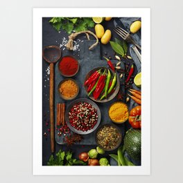 Fresh delicious ingredients for healthy cooking  on rustic background Art Print | Cooking, Herbs, Dark, Food, Vertical, Photo, Spices 