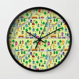 Seamless background of cartoon countryside scene Wall Clock