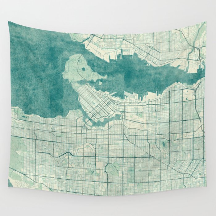 Vancouver Map Blue Vintage Wall Tapestry
