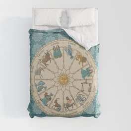 Vintage Astrology Zodiac Wheel on Teal Duvet Cover