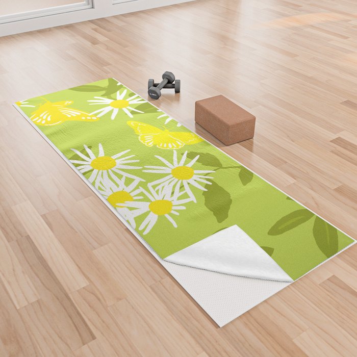 Little Daisies And Butterflies Retro Floral Green Yoga Towel