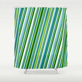 [ Thumbnail: Light Sky Blue, Teal, Green, Dark Green, and Mint Cream Colored Striped Pattern Shower Curtain ]