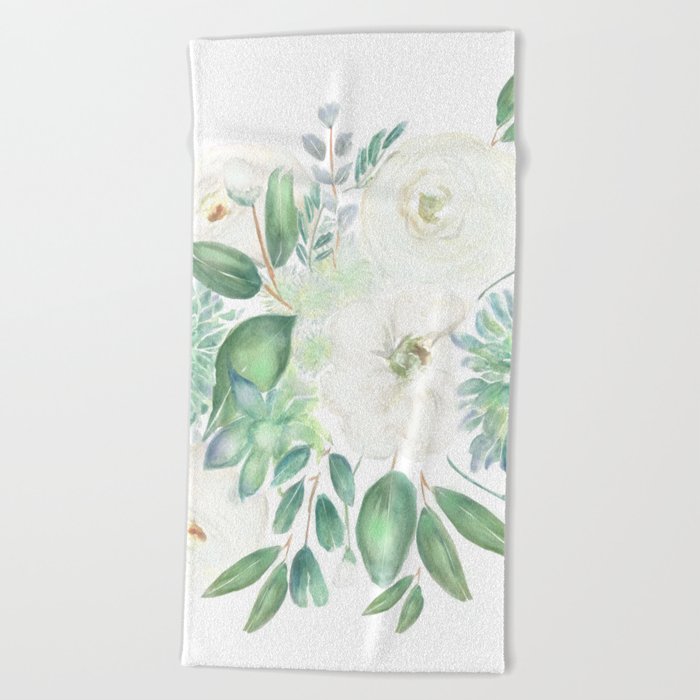 Handmade white flowers watercolor composition  Beach Towel