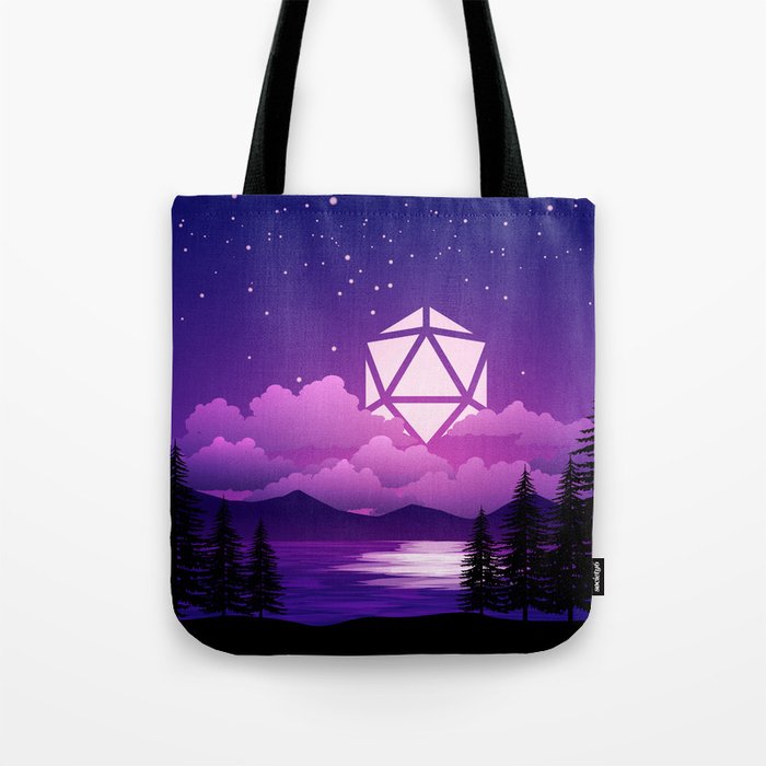D20 Dice Moon Over Clouds Purple Night Tabletop RPG Landscape Tote Bag