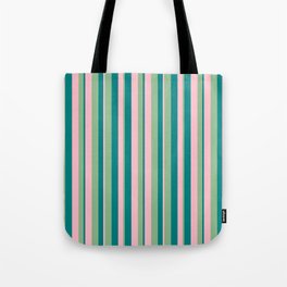 [ Thumbnail: Dark Sea Green, Pink & Teal Colored Lined/Striped Pattern Tote Bag ]
