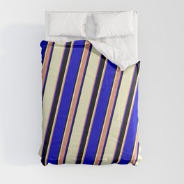 [ Thumbnail: Light Yellow, Dark Salmon, Blue, and Black Colored Striped/Lined Pattern Comforter ]