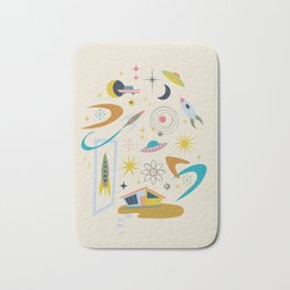 Mid Century Architecture in Space - Retro design in pastels on Cream by Cecca Designs Bath Mat | Moon, Rockets, Cool, Stars, Midcentury, Midcenturymodern, Cream, Moons, Digital, Homes 