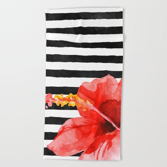 Tropical flower on stripes Beach Towel