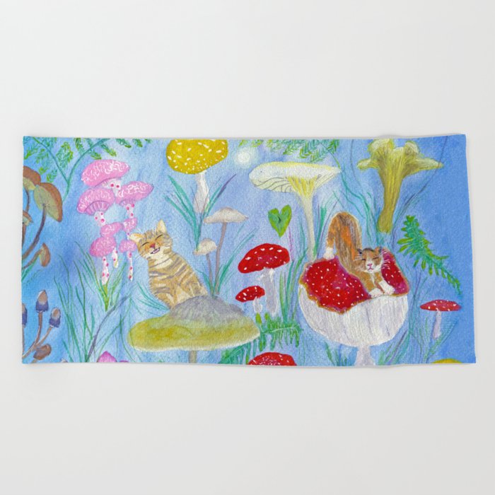 Mushroom Forest Cats Beach Towel