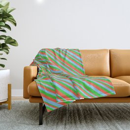 [ Thumbnail: Lime Green, Red, and Light Sky Blue Colored Striped Pattern Throw Blanket ]