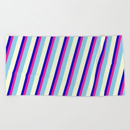 [ Thumbnail: Blue, Deep Pink, Sky Blue, and Light Yellow Colored Stripes/Lines Pattern Beach Towel ]