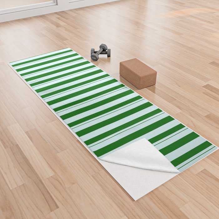 Light Cyan & Dark Green Colored Lined Pattern Yoga Towel