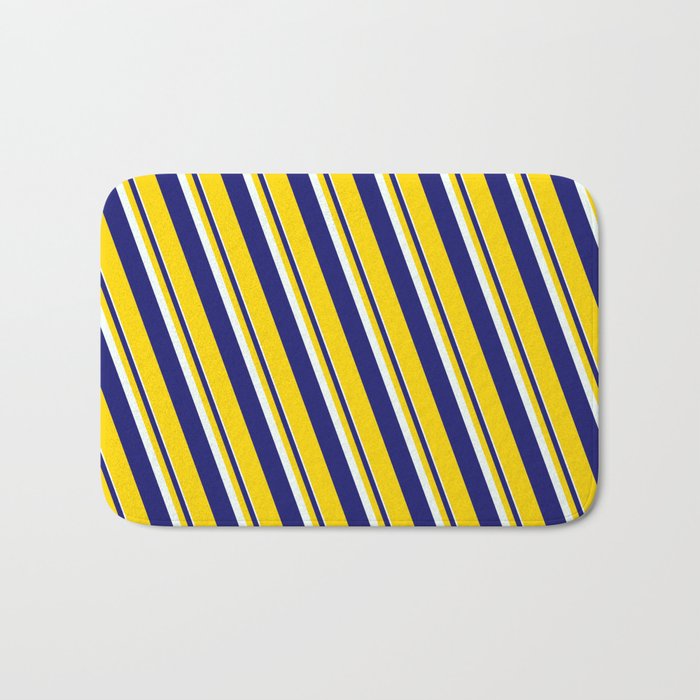 Mint Cream, Midnight Blue & Yellow Colored Lines/Stripes Pattern Bath Mat
